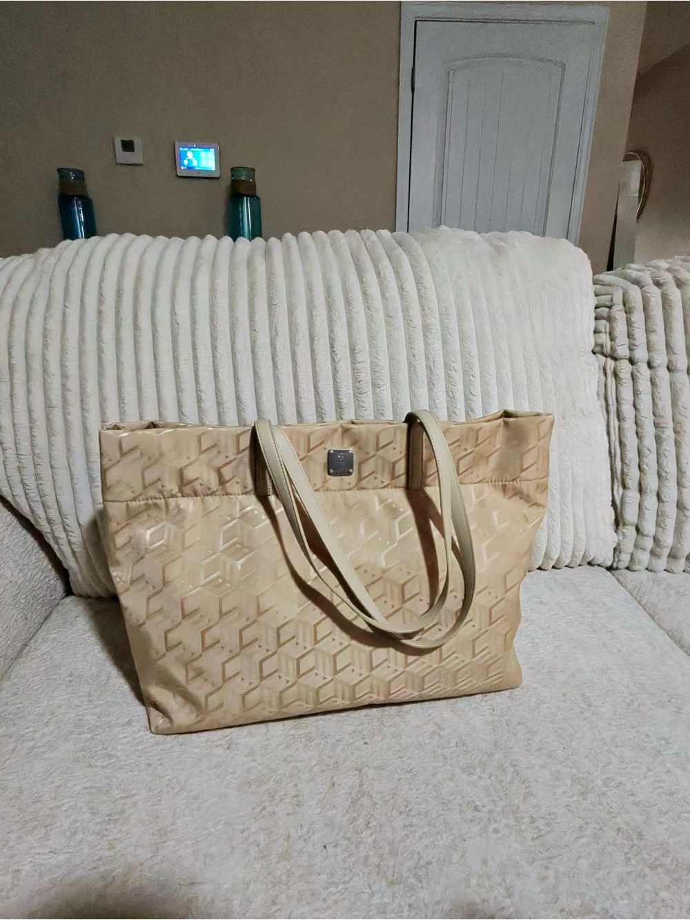 Authentic MCM Beige Geometric Jacquard Tote